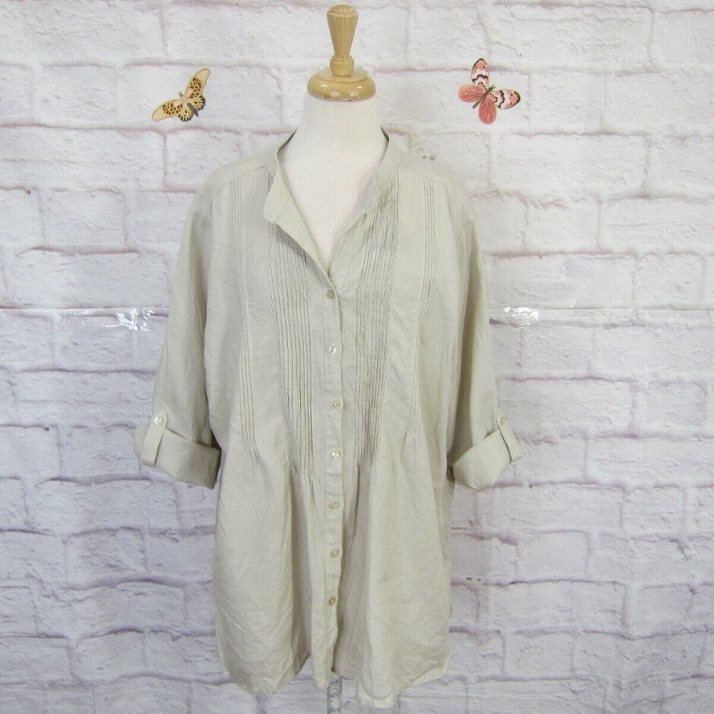 FOR CYNTHIA WOMAN size 2X Beige 100% Linen Button Front Tunic Top